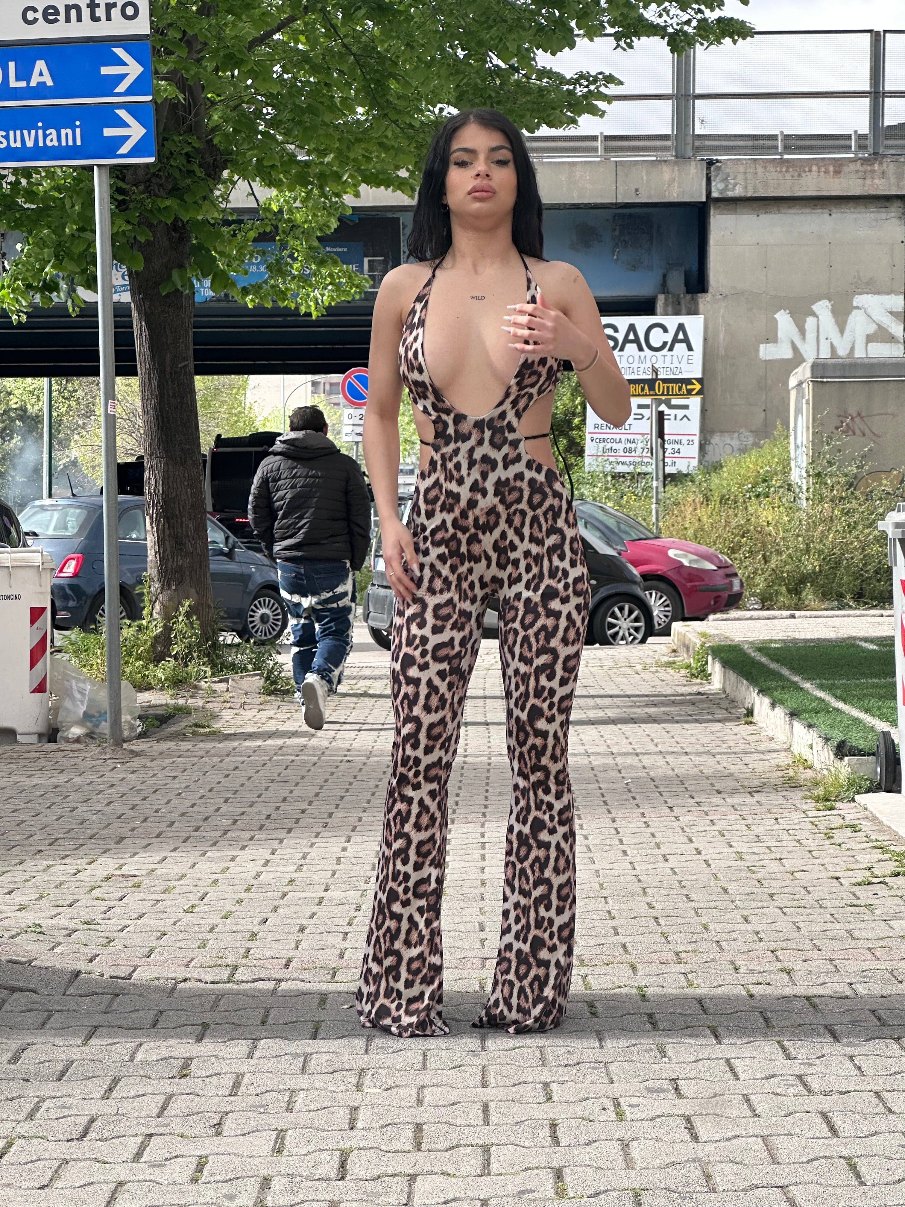 Jumpsuite animalier scollo e lacci